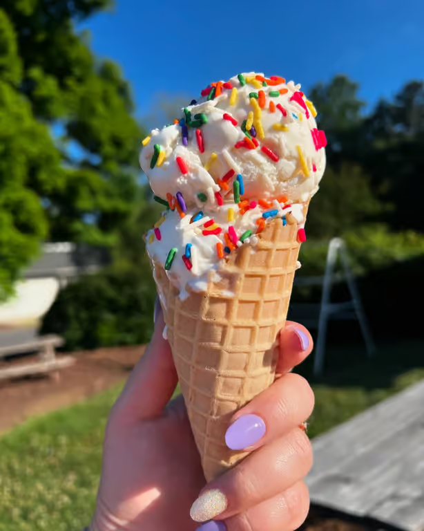Hand holding a vanilla ice cream cone with rainbow sprinkles outdoors on a sunny day