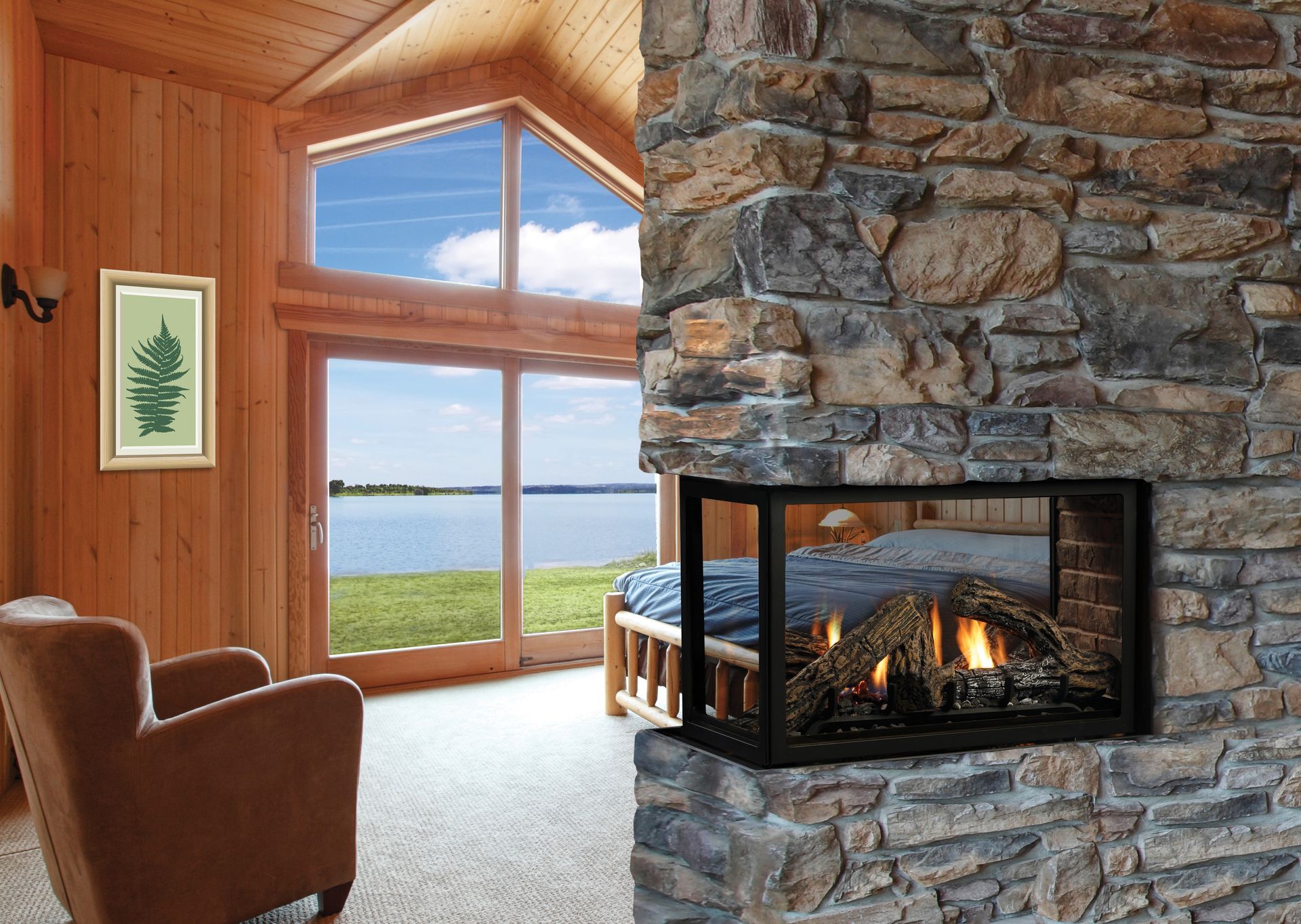 A living room with a fireplace and a dining room in the background