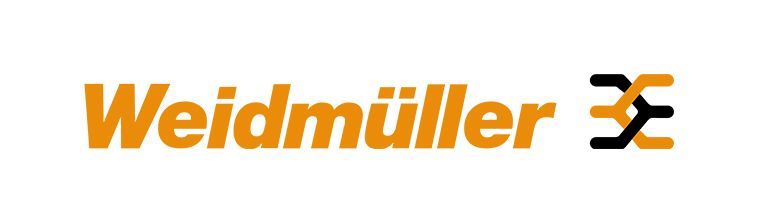 Logotipo de Weidmüller con texto amarillo en negrita y un símbolo geométrico abstracto en negro y amarillo sobre un fondo blanco.