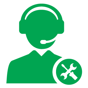Icono verde de un representante de atención al cliente con auriculares y un símbolo superpuesto de llave inglesa y destornillador.