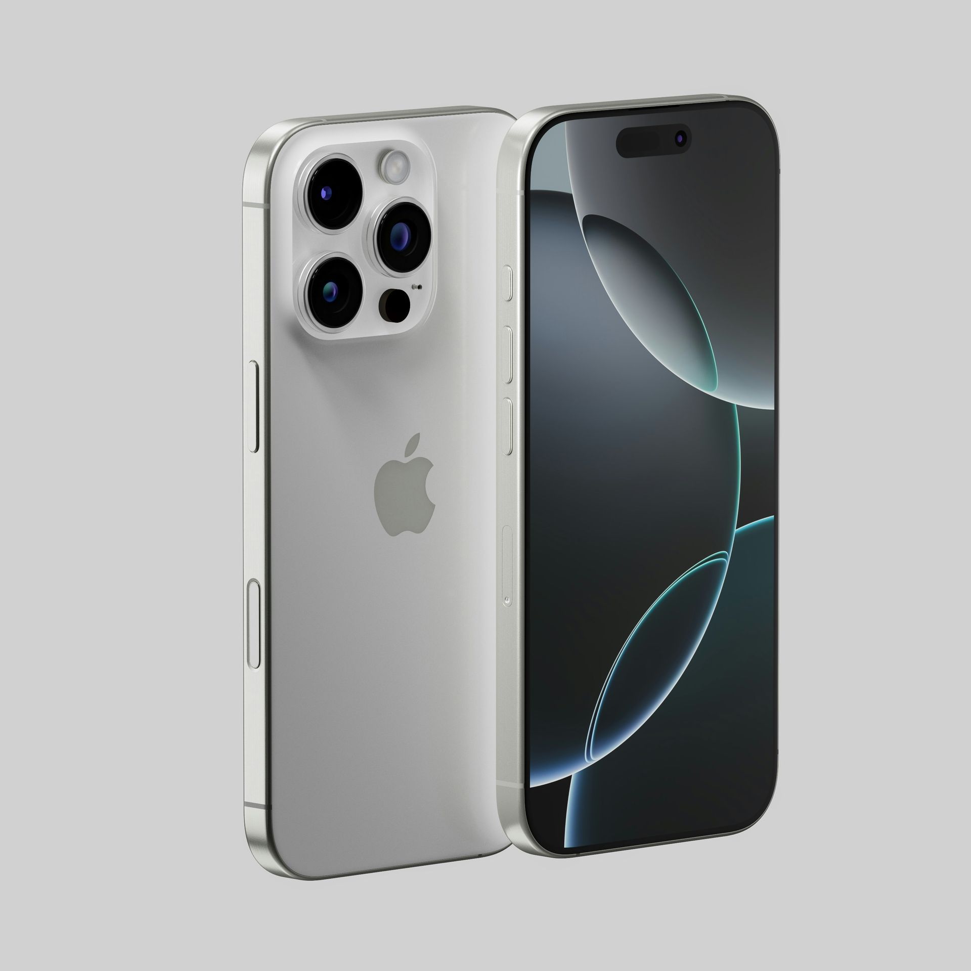 Two silver smartphones, front and back, showing a dark abstract wallpaper and triple rear cameras.