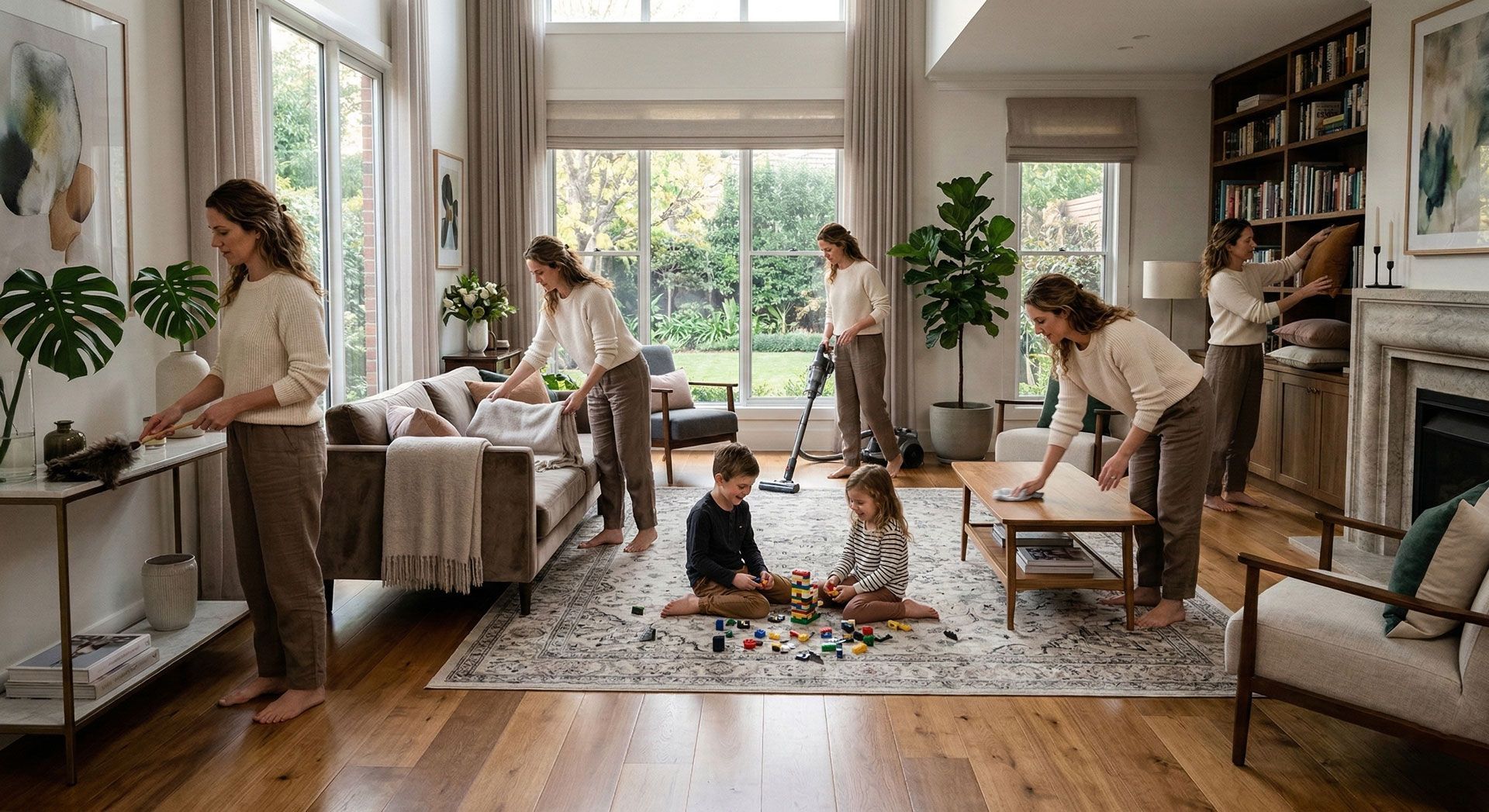 Woman cleaning a living room with multiple instances of herself, two children playing.