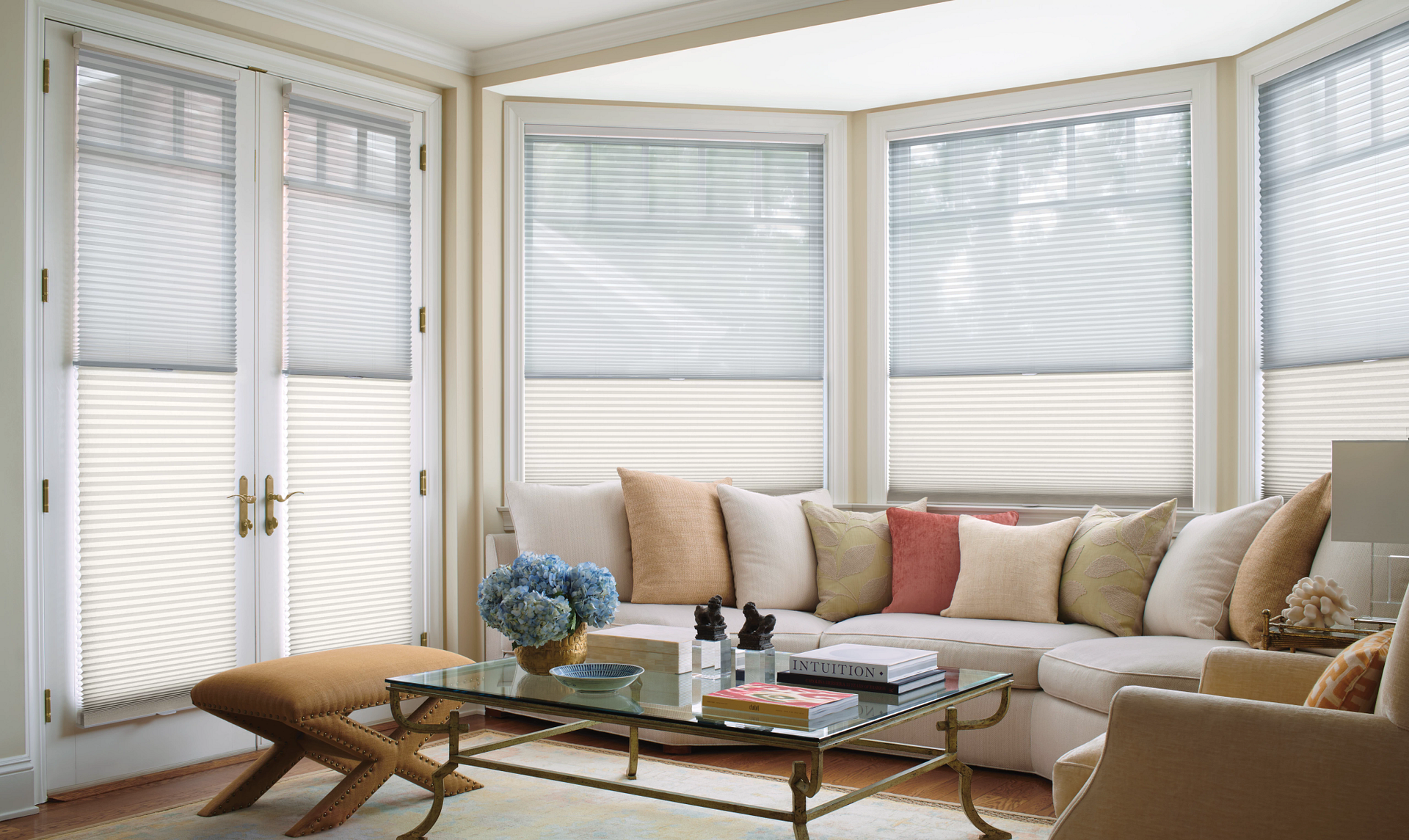 Bay window with Hunter Douglas window coverings in a living room near Carlsbad, CA