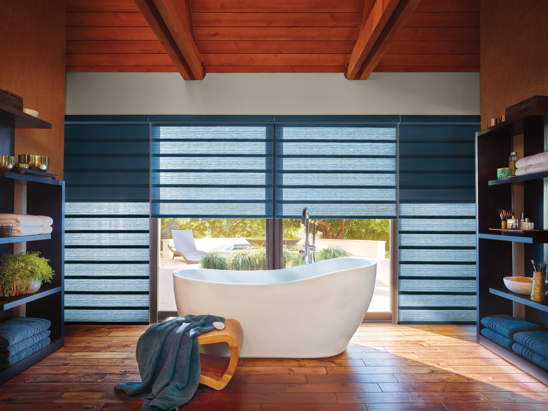 Hunter Douglas Vignette® Roman Shades in a modern bathroom near Carlsbad, CA
