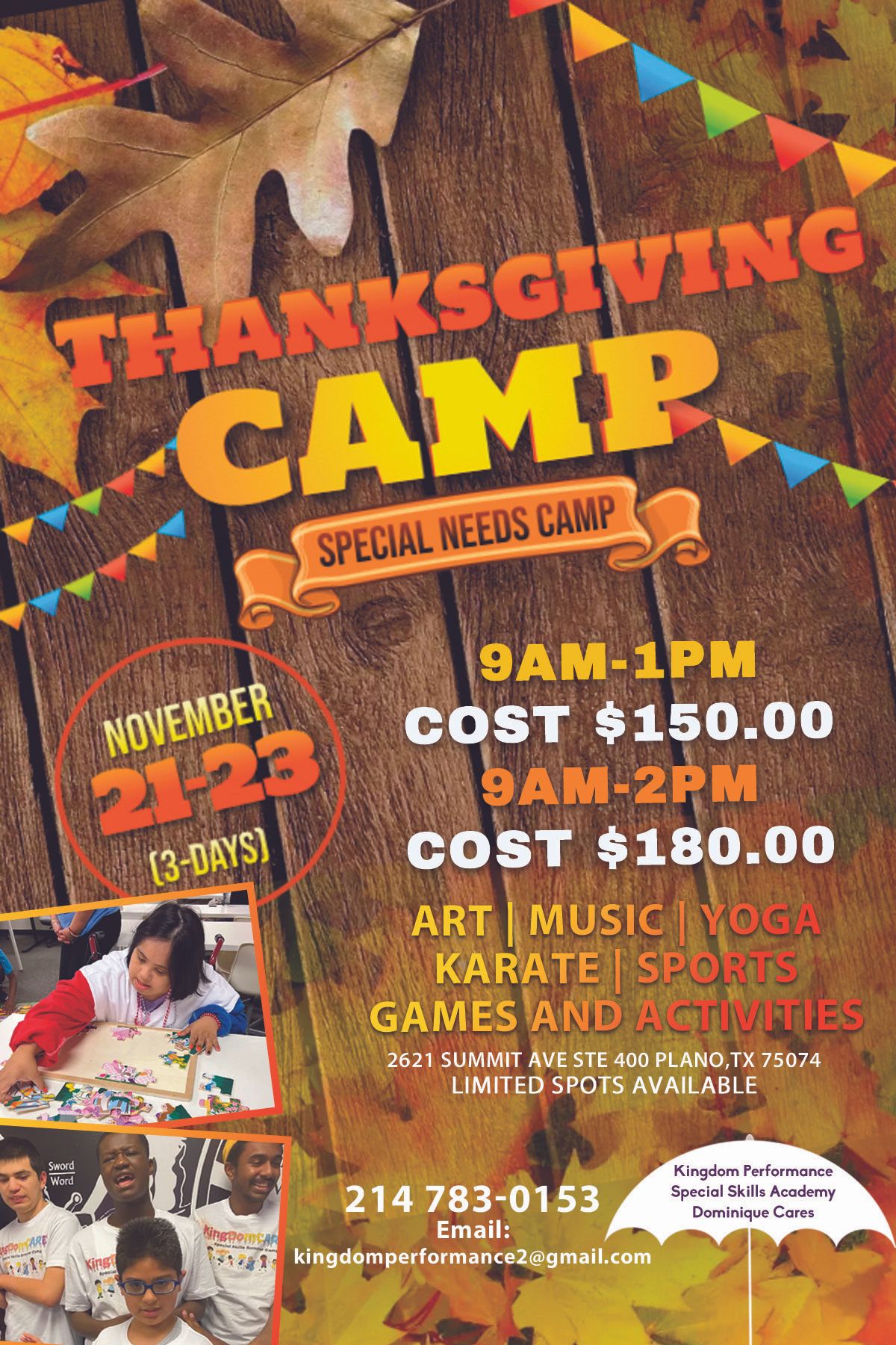 A poster for a thanksgiving camp for special needs