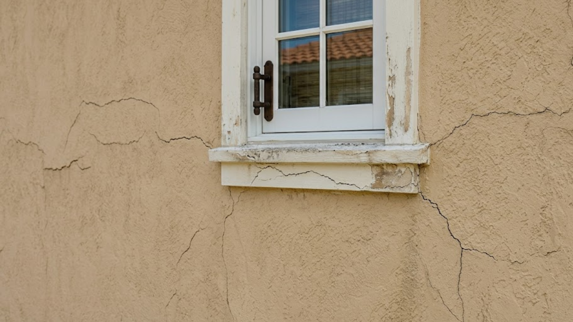 stucco cracks near window frame close up