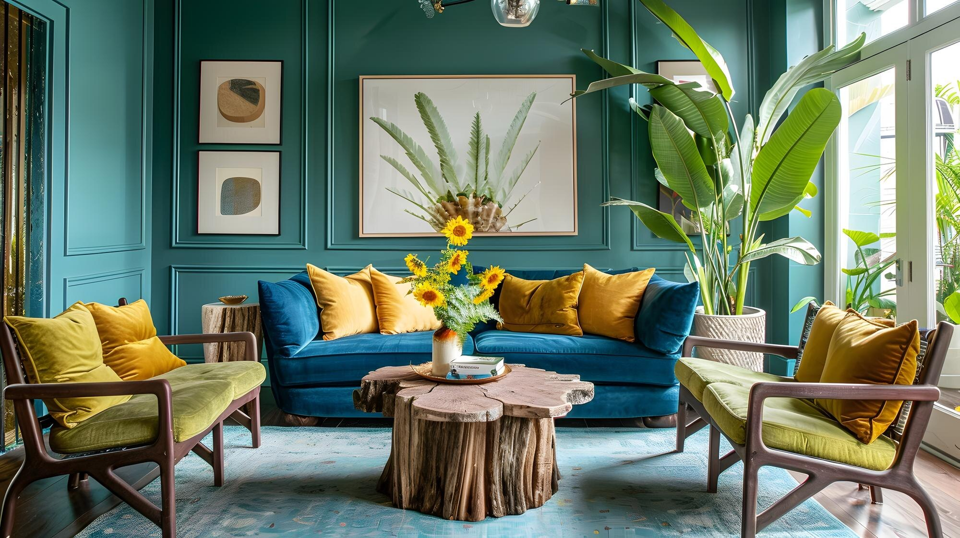 Bright teal living room with blue sofa, mustard chairs, wooden table, and large leafy plants near sunlit windows