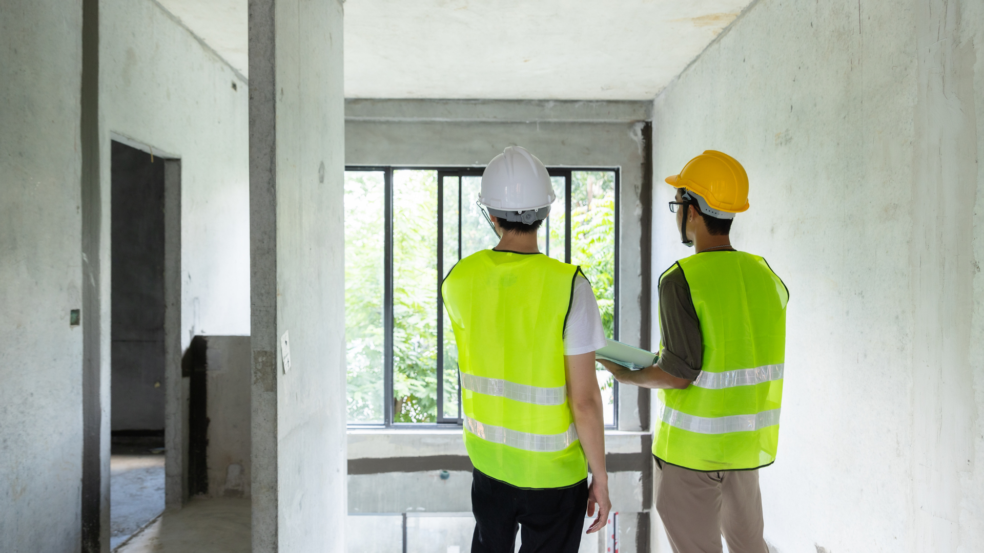 Two construction workers in reflective vests and hard hats discussing inside an unfinished room