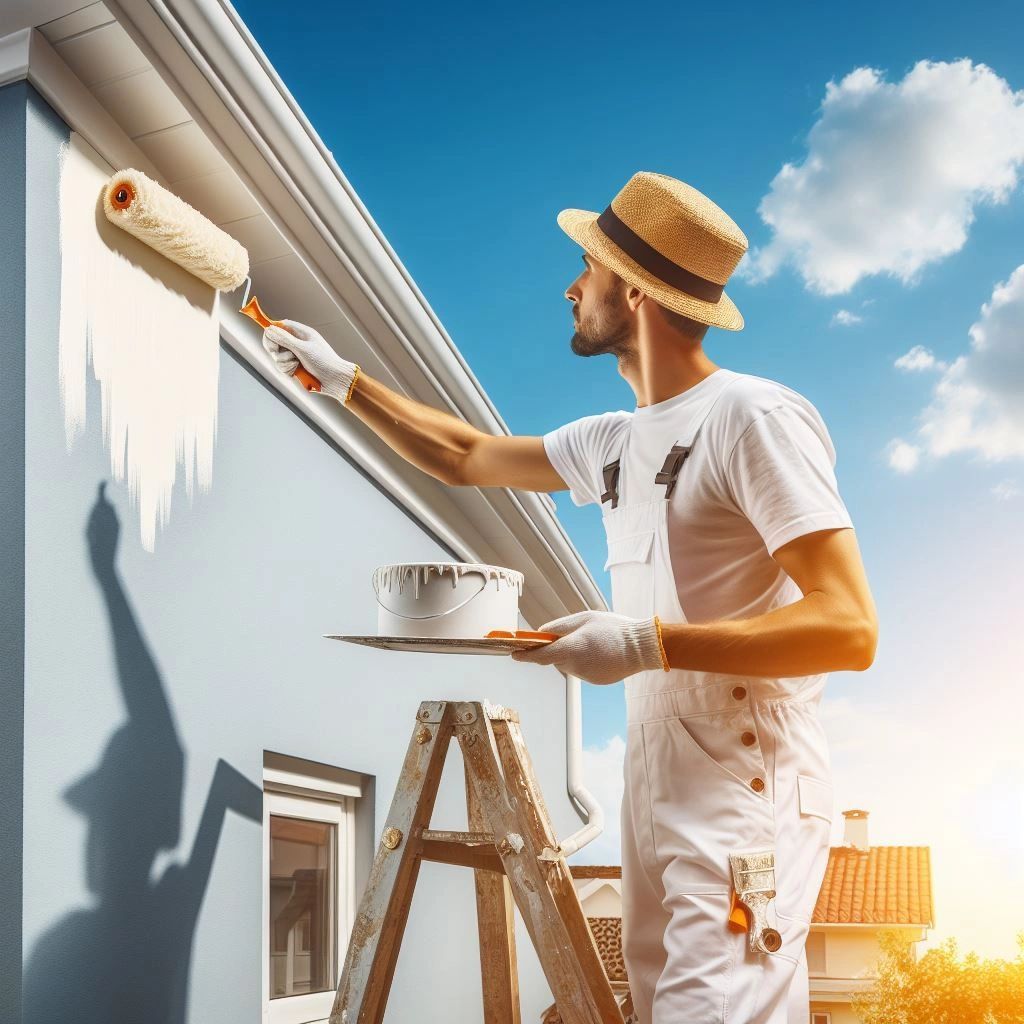 A man is standing on a ladder painting a wall with a paint roller.