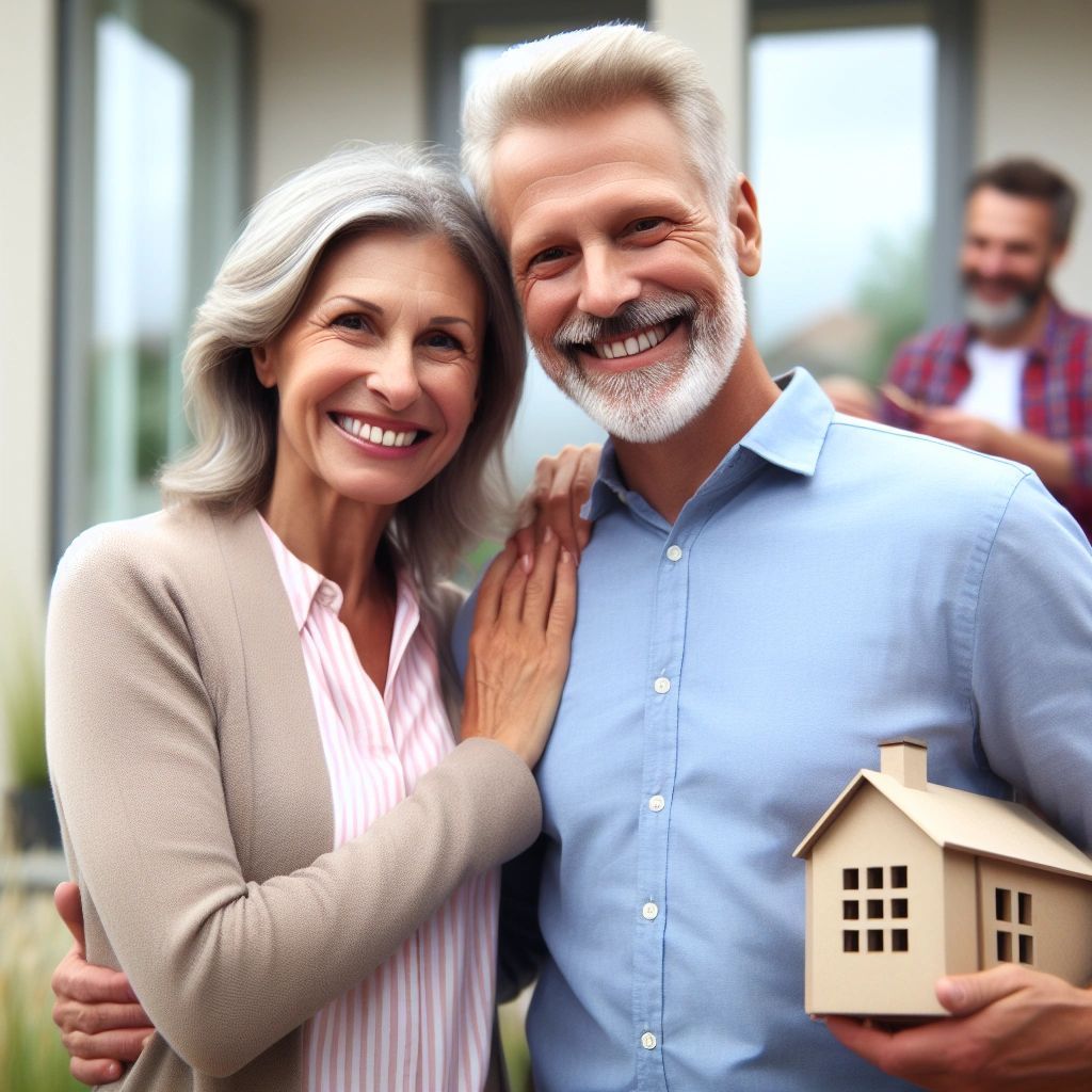 A man and a woman are posing for a picture while the man is holding a model house.