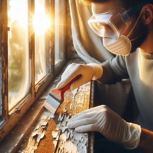 A man wearing a mask and gloves is peeling paint from a window sill.