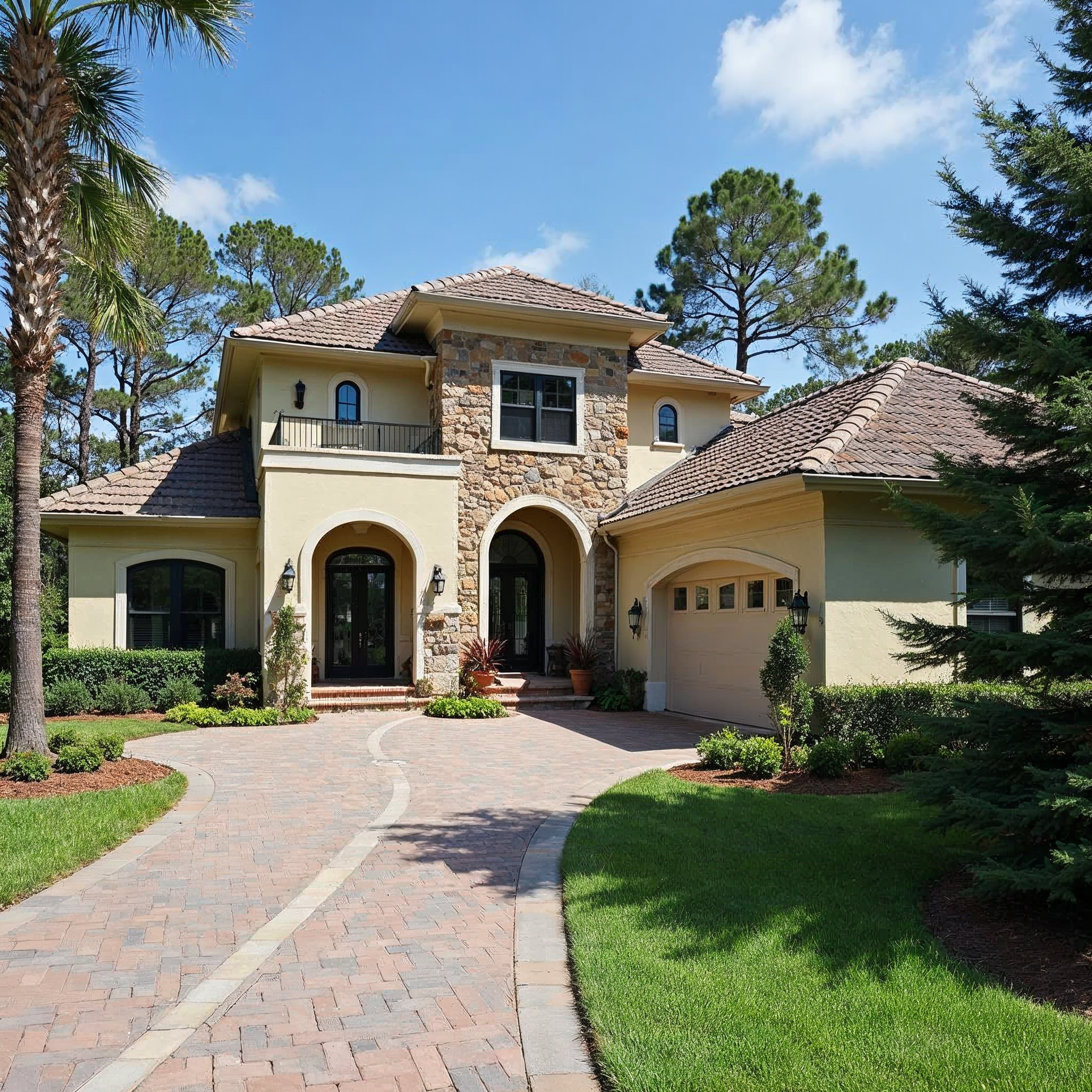Large stucco house with arched entry, tiled roof, and curved brick driveway surrounded by green lawn and palm trees