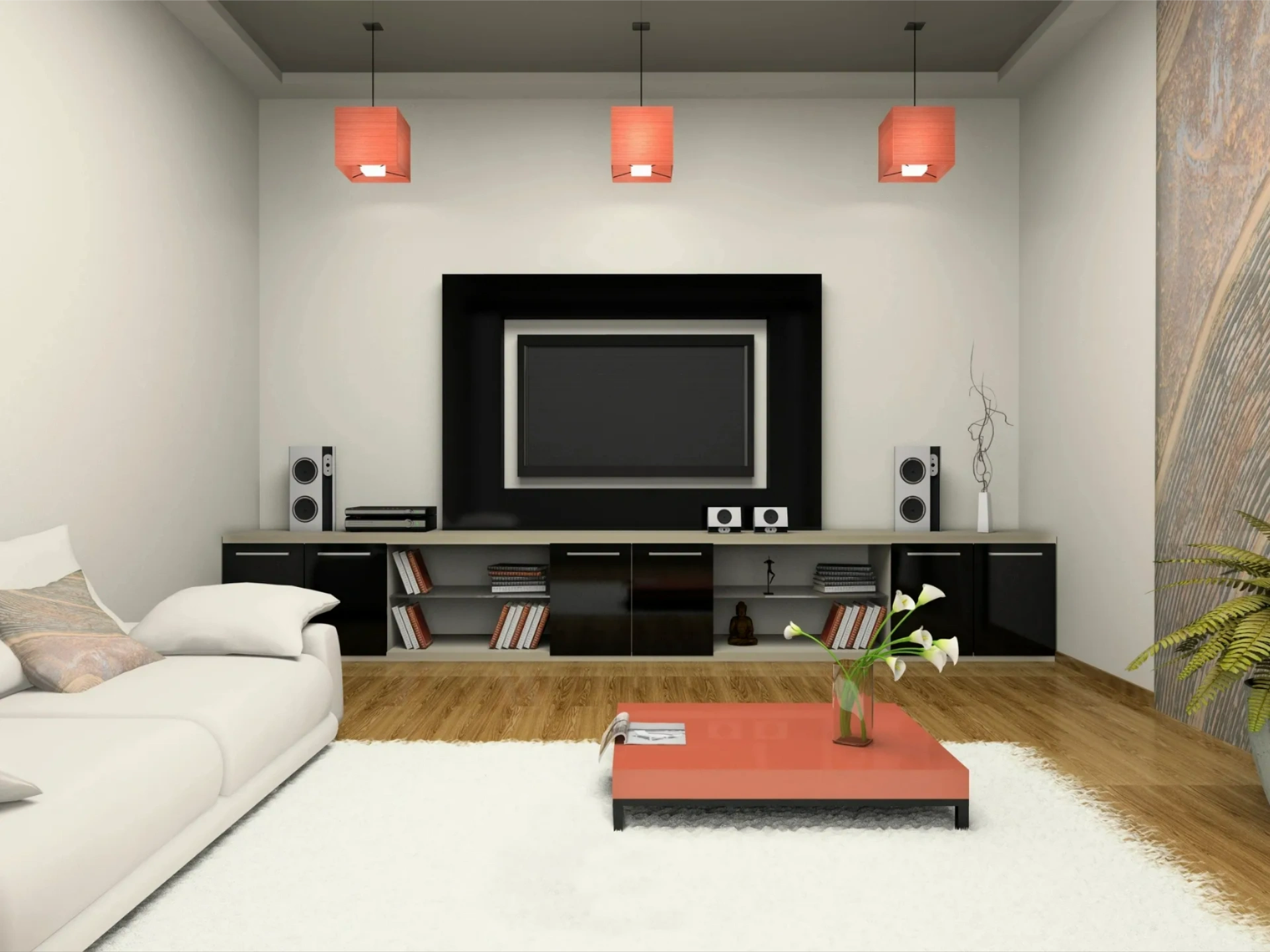 A living room with a flat screen tv on the wall