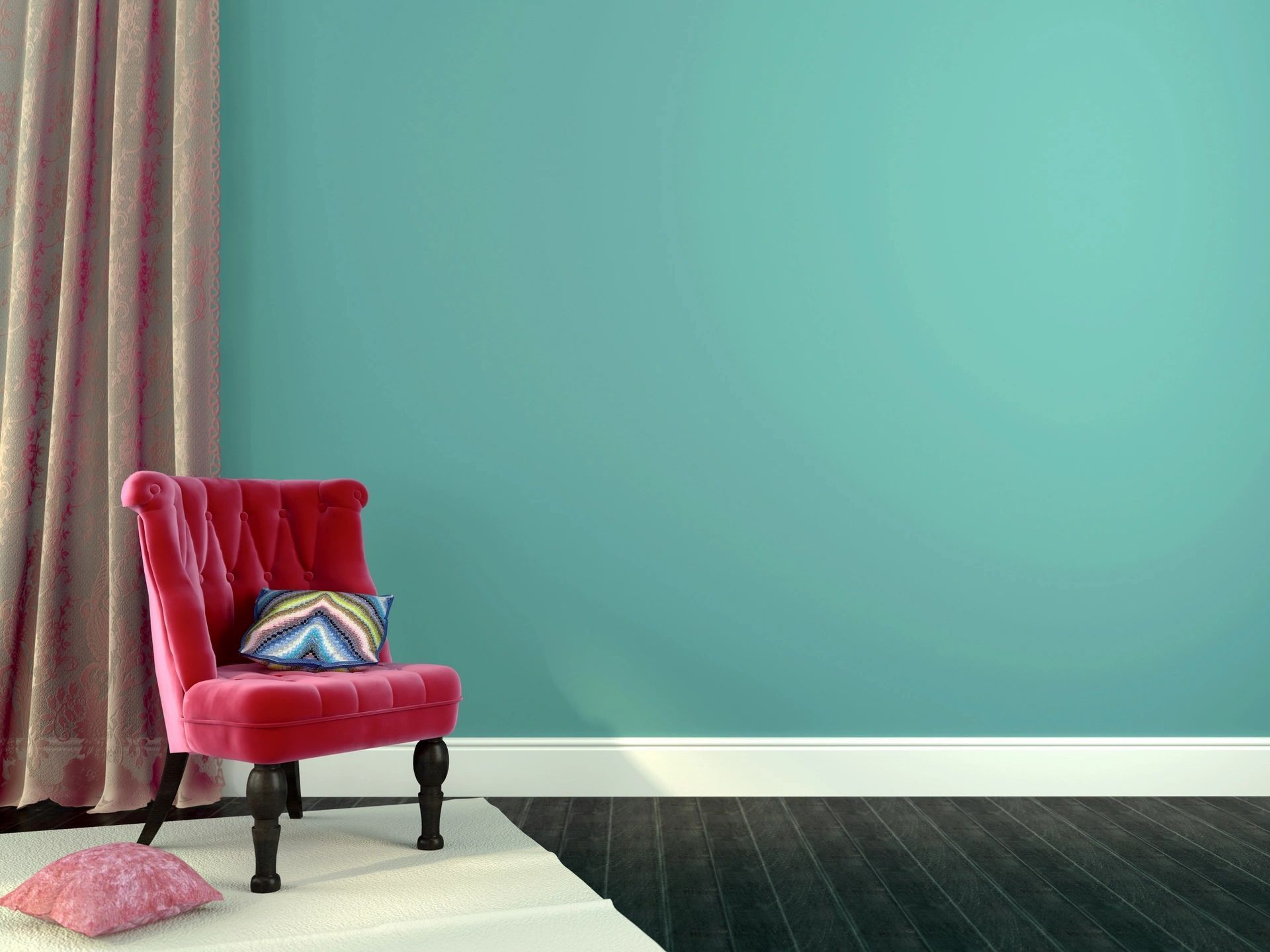 There is a chair in the middle of the room with a blue wall.