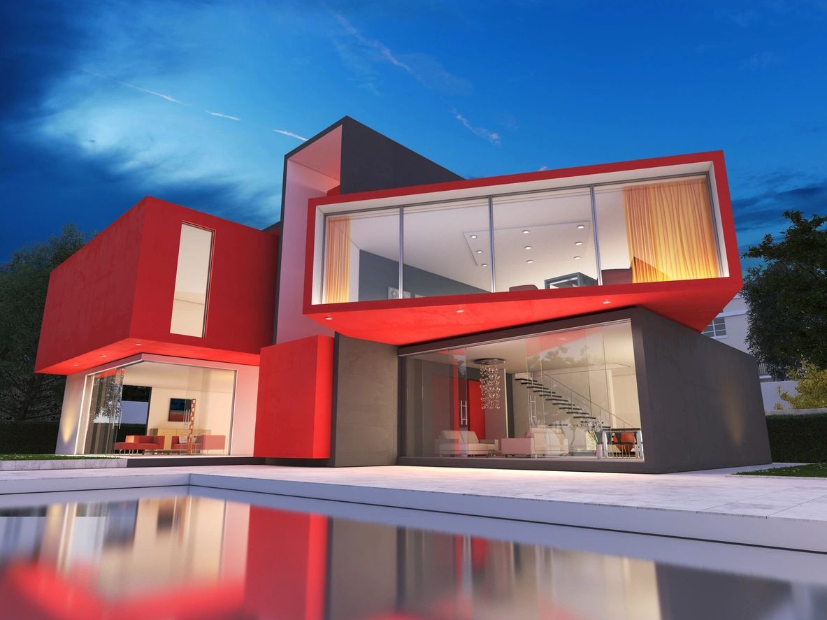 A red and black house with a swimming pool in front of it