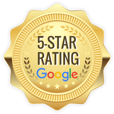 Gold 5-star rating badge with Google logo and stars