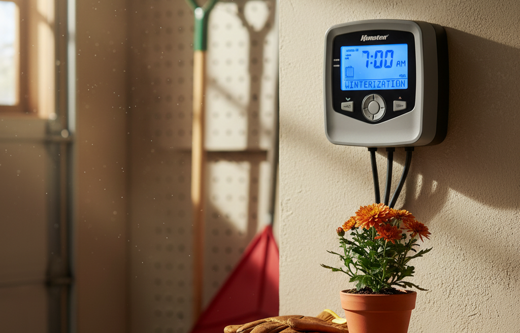 Irrigation controller mounted in a fall garage scene, emphasizing the need for proper winter preparation before freezing days.