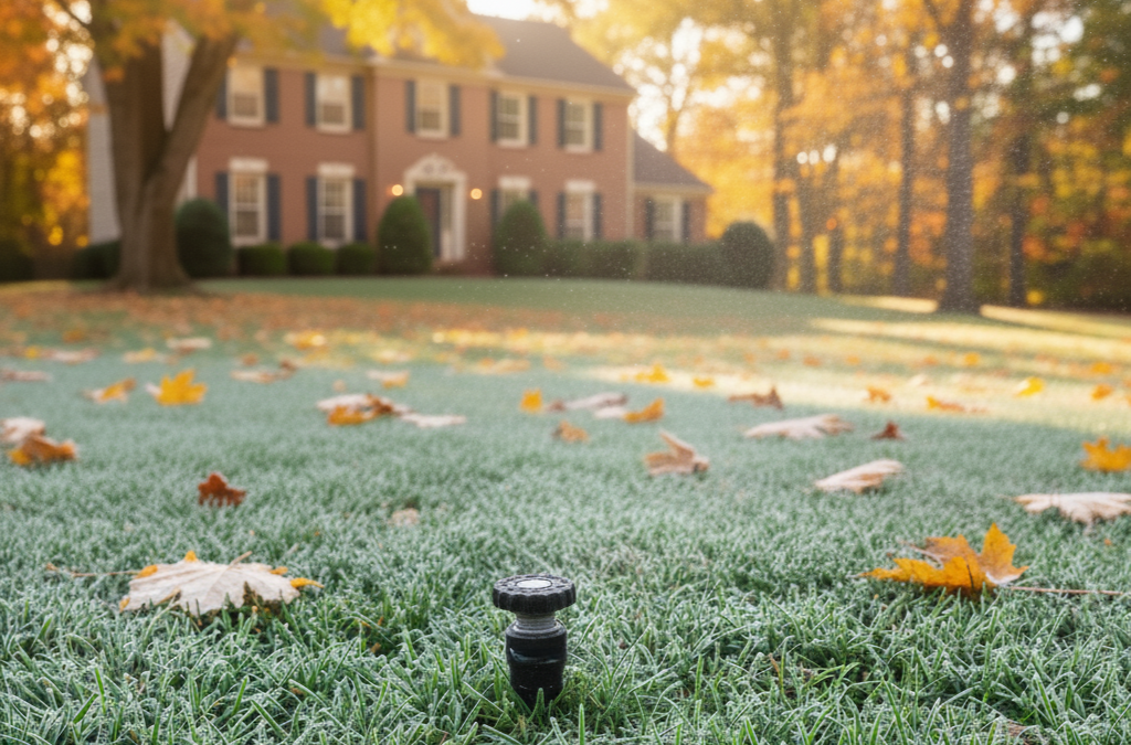North Carolina home with frosty lawn and sprinkler system in autumn, showing irrigation winterization before the first freeze.