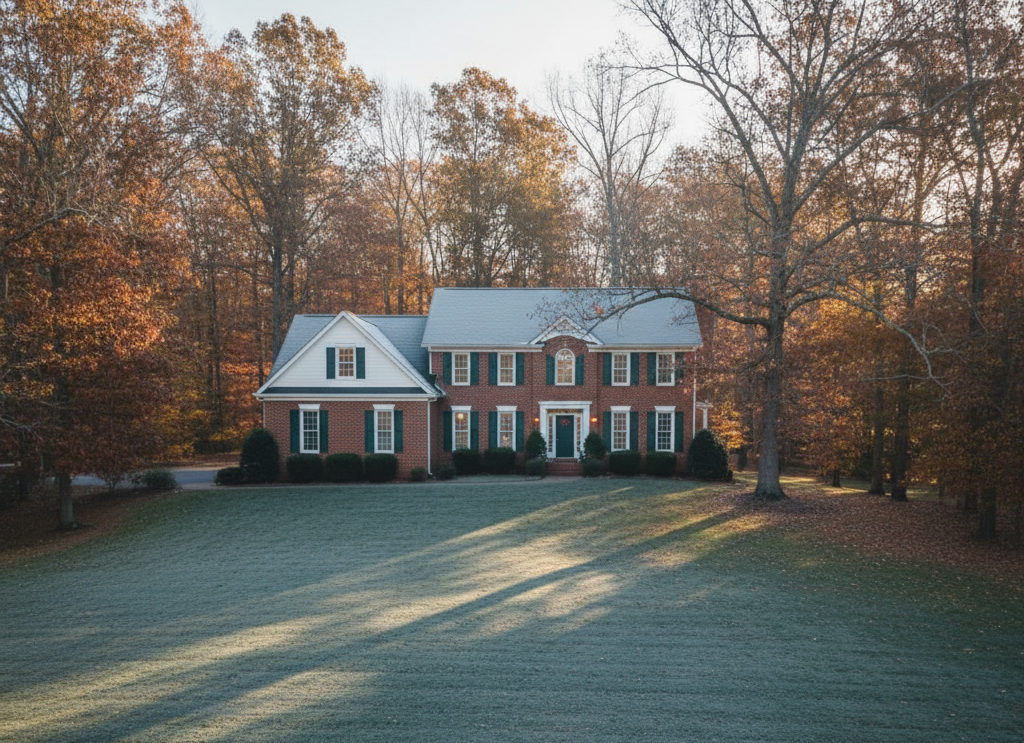 Healthy frost-covered lawn in front of a North Carolina home, highlighting how winterization protects landscape health through cold months.