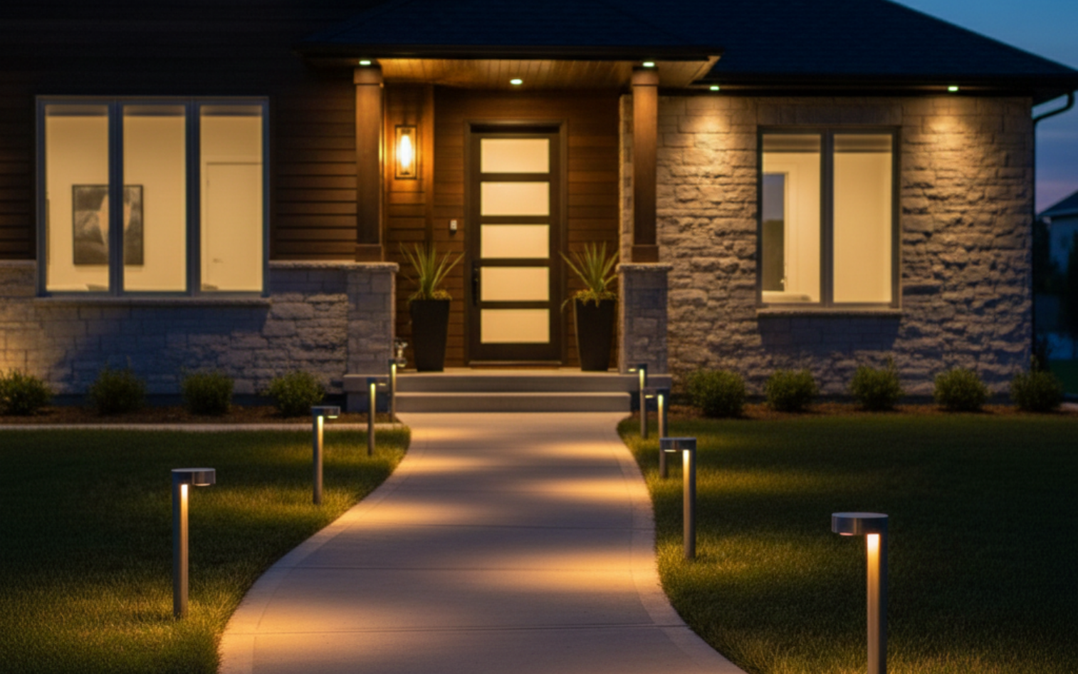 Landscape pathway lights illuminating a front entrance for safer nighttime navigation.