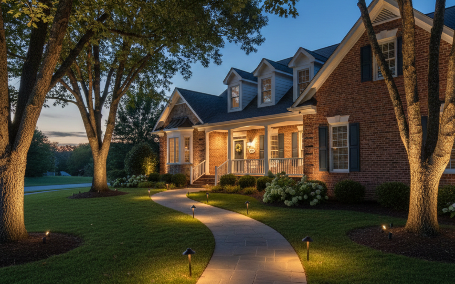 Well-lit residential walkway and front yard showing landscape lighting for nighttime safety.