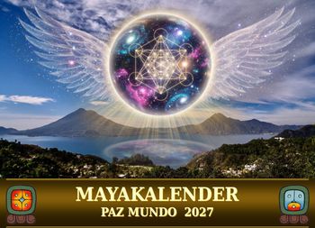 Jaguar schwimmt in blauem Wasser mit weißen Blüten. Logo des Maya-Kalenders unten links.