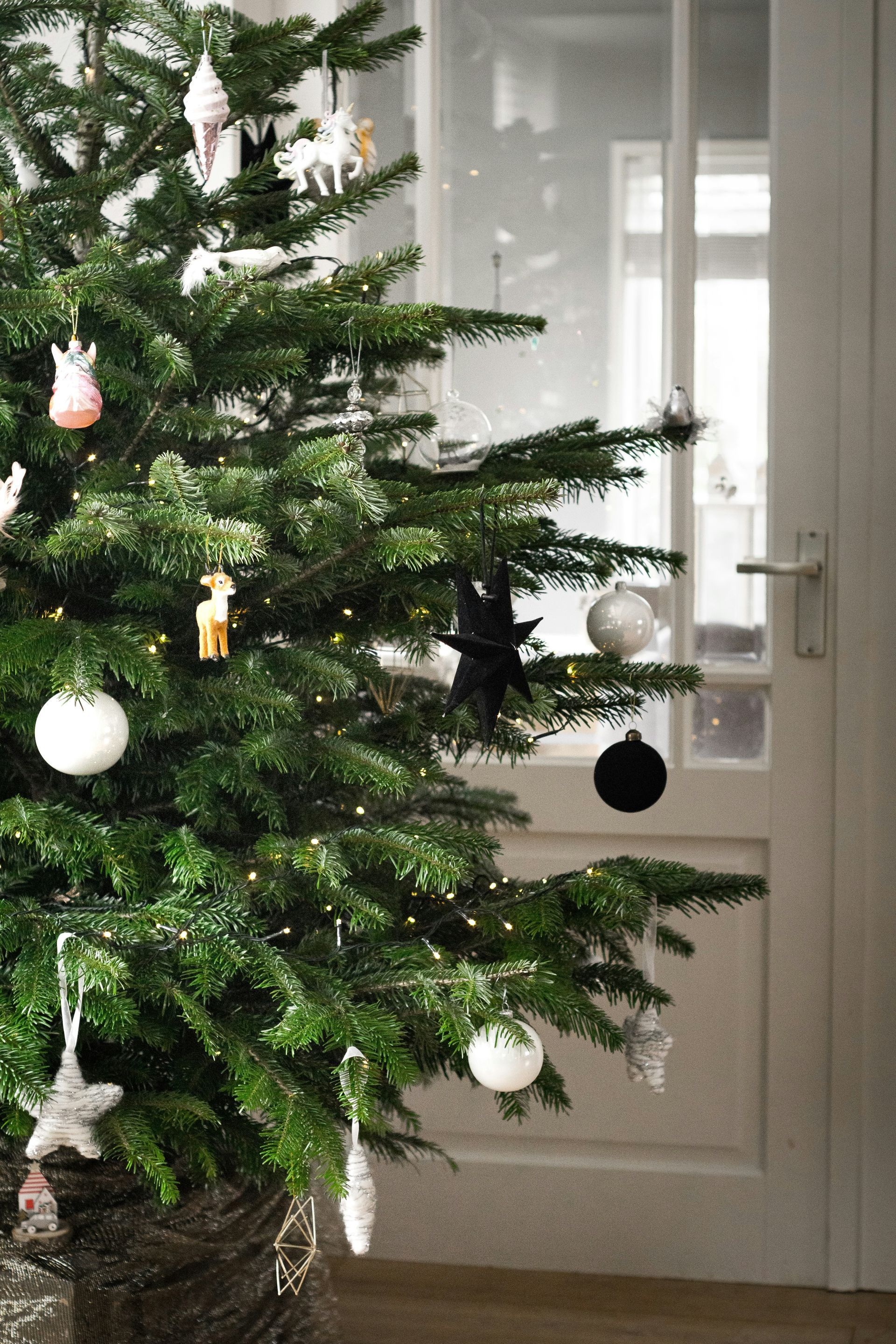 Christmas tree decorated with ornaments, in front of a partially visible, glass-paned door.