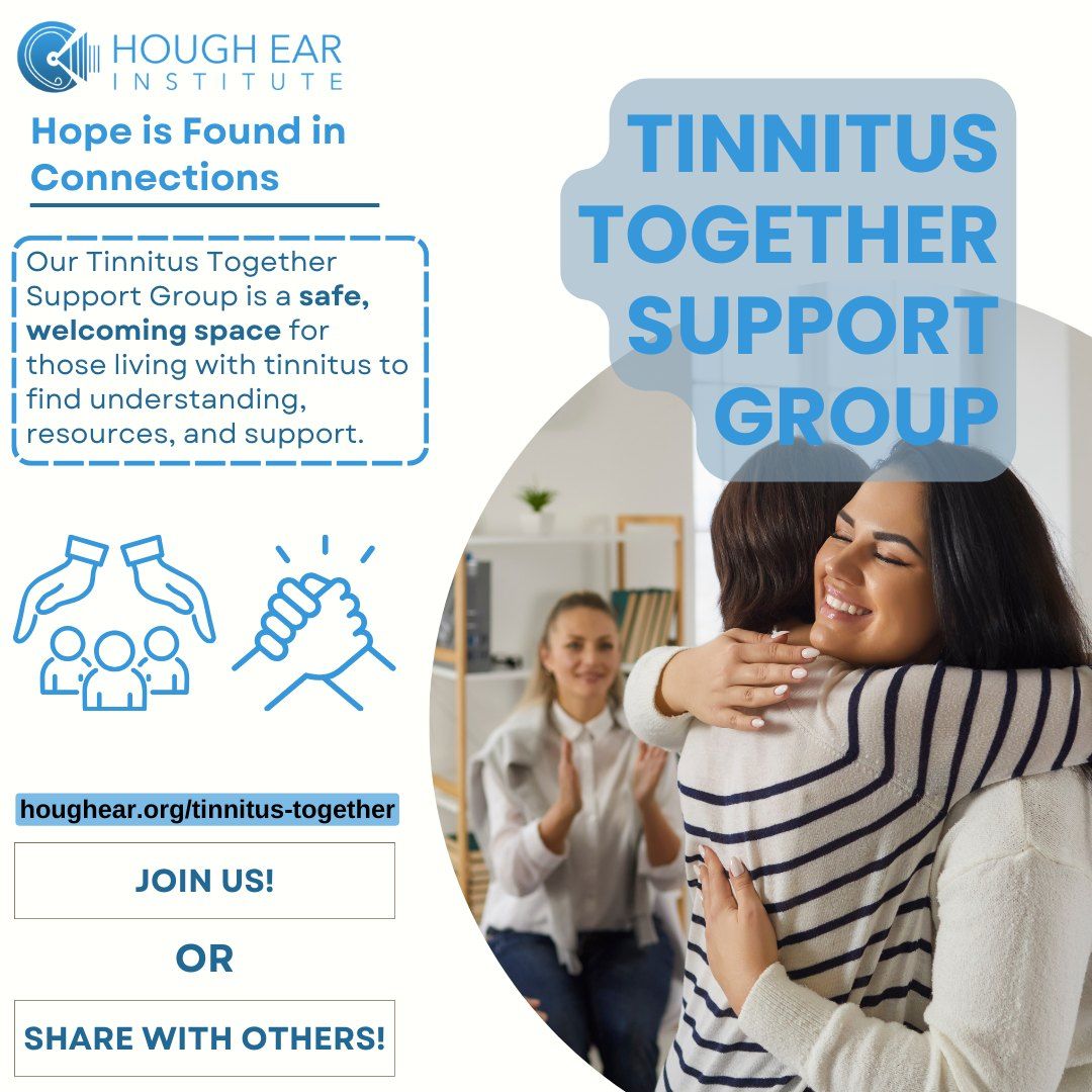 Poster for a Tinnitus Support Group with people hugging and icons of hands, people, and handshake.
