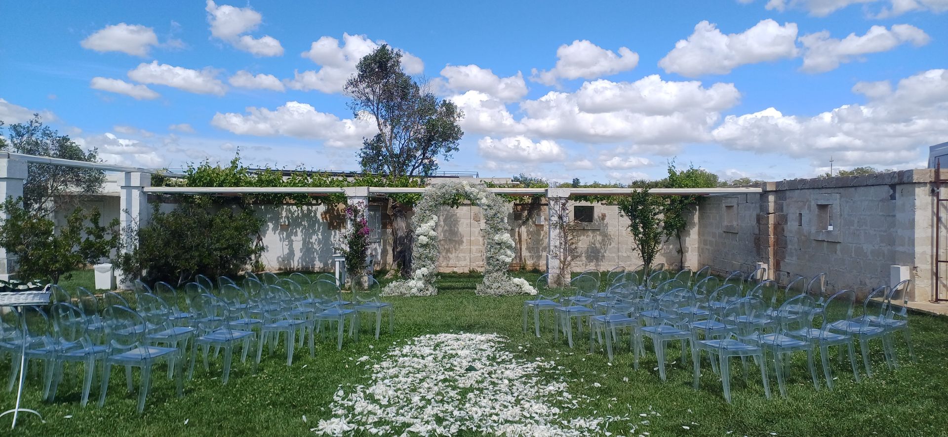 Allestimento per matrimonio all'aperto con sedie blu, arco floreale e navata di petali. Giornata di sole.