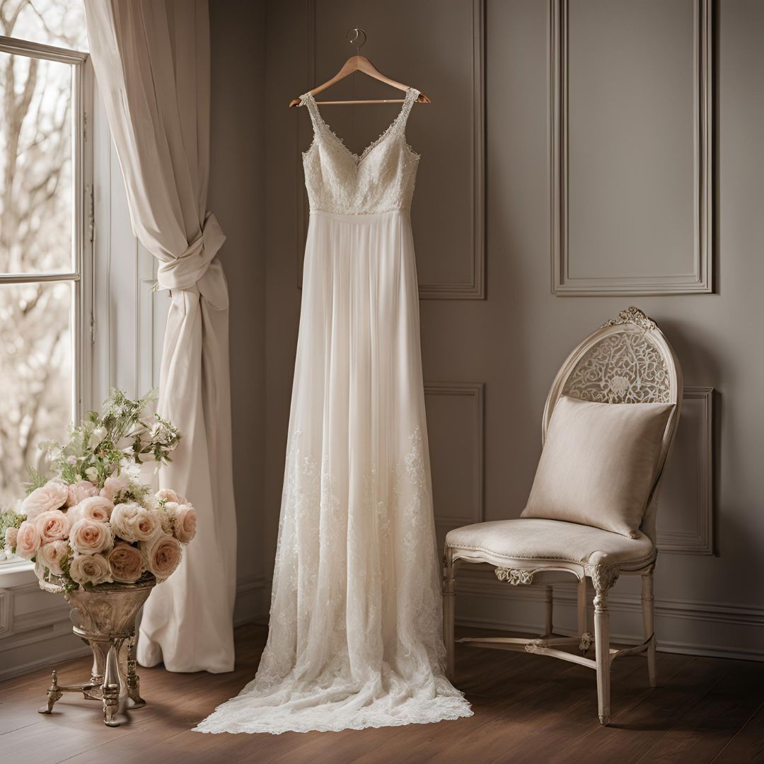 Abito da sposa appeso all'interno; dettagli in pizzo, sedia, fiori, finestra, toni neutri.