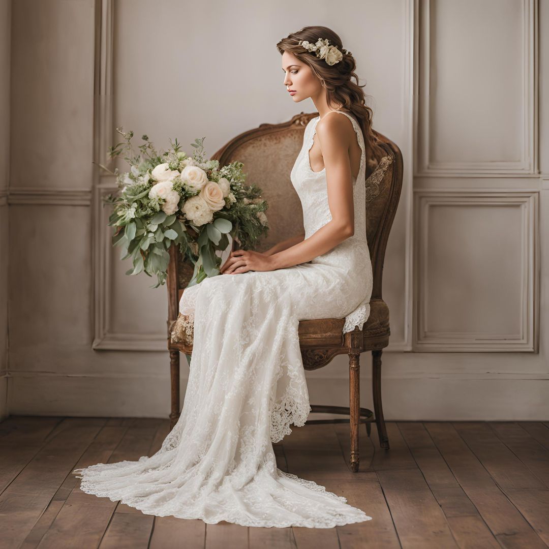 Donna in abito da sposa in pizzo seduta su una sedia decorata con bouquet e copricapo floreale.