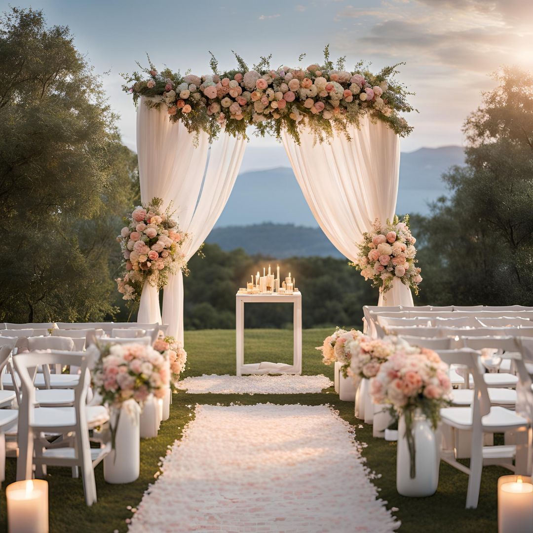 Allestimento per la cerimonia nuziale con arco floreale, navata con petali di fiori, sedie bianche e candele.