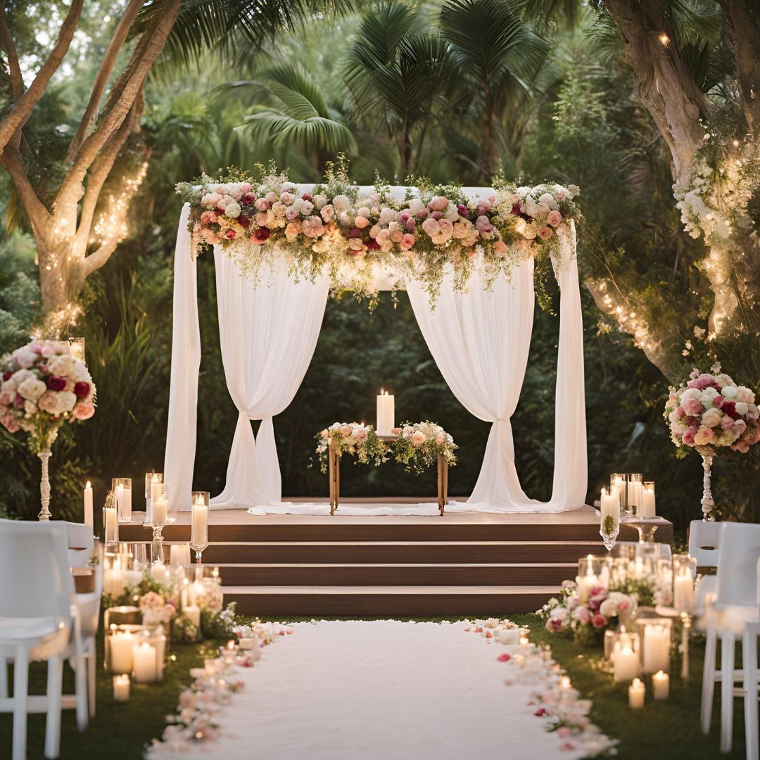 Allestimento della cerimonia nuziale: arco floreale, drappeggi bianchi, navata con petali di rosa, candele, sedie sul prato.