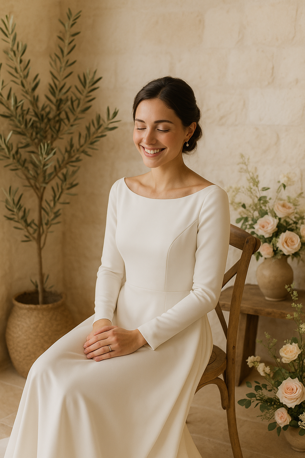 Donna in abito da sposa bianco, seduta, sorridente, in casa con dei fiori.