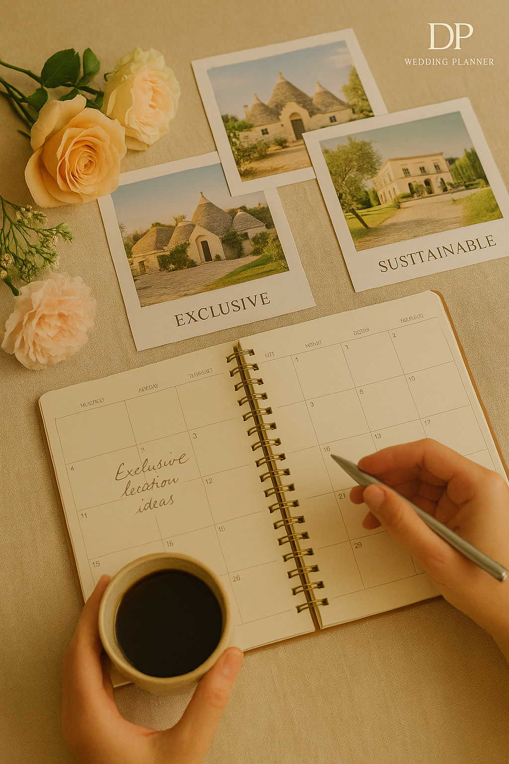 Persona che scrive su un quaderno accanto a foto di edifici italiani, con caffè e fiori.