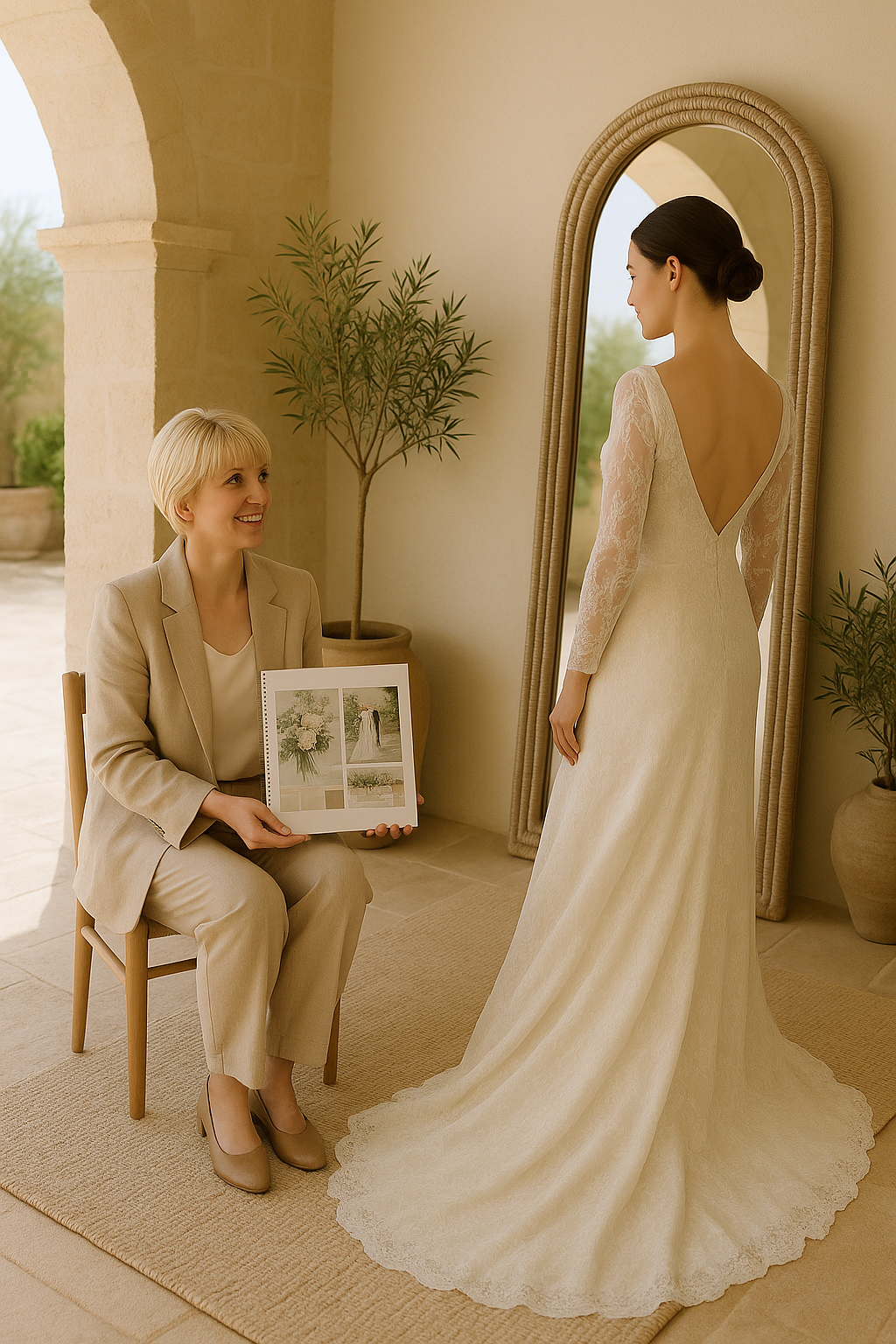 Una donna in abito da sposa si consulta con un'altra donna che tiene in mano una foto, all'aperto.