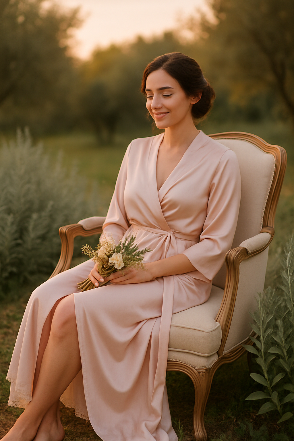 Una donna in vestaglia rosa è seduta su una sedia d'epoca all'aperto, tenendo in mano dei fiori e sorridendo.