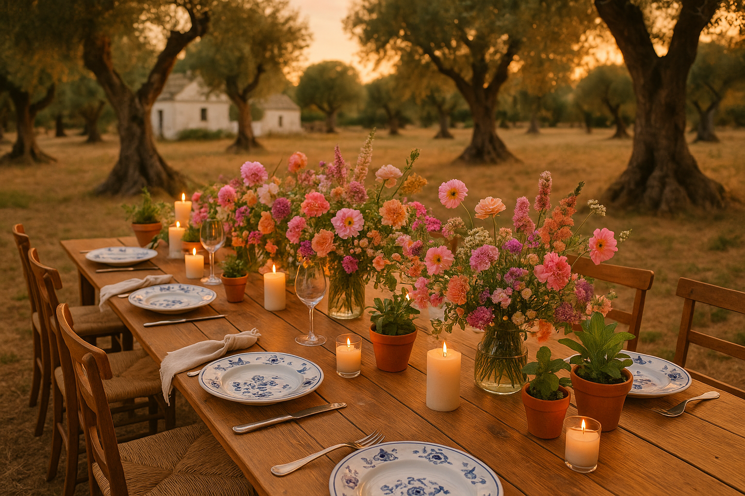 Tavolo da pranzo all'aperto apparecchiato con fiori, candele e posate, circondato da ulivi al tramonto.