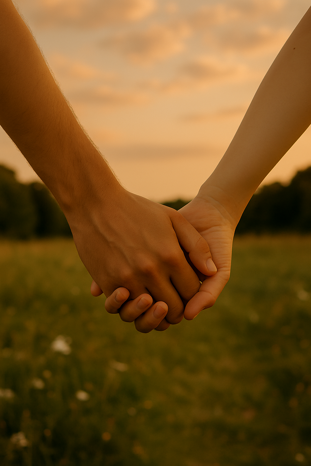 Due mani, una più scura, l'altra più chiara, intrecciate in un campo al tramonto.