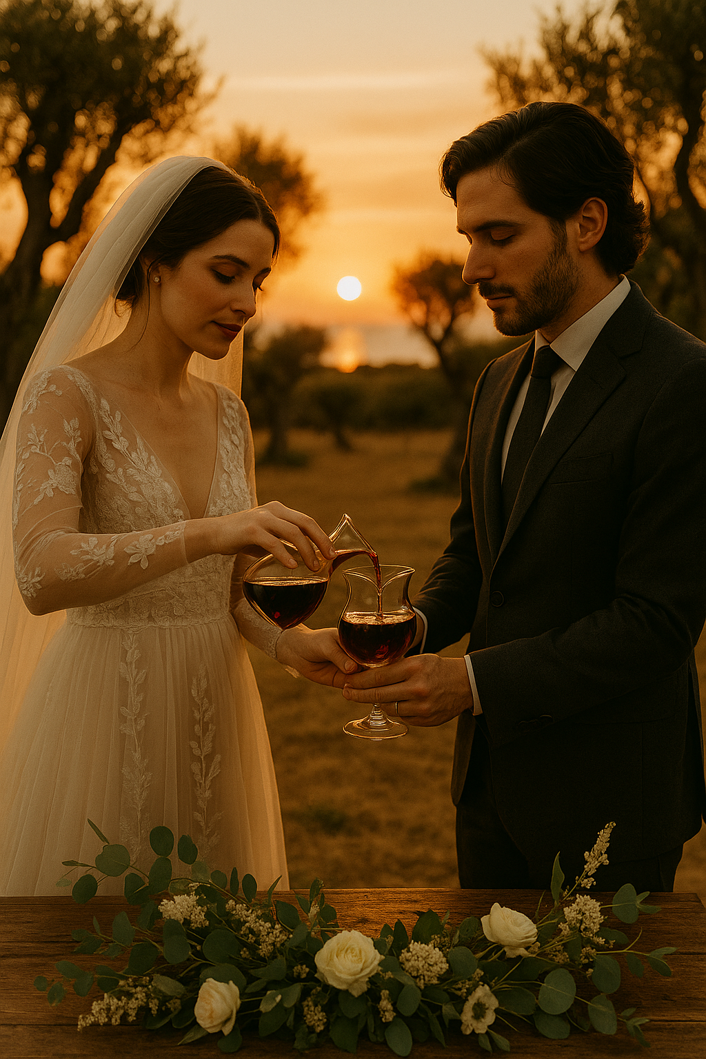 Gli sposi versano vino rosso nei bicchieri durante una cerimonia nuziale al tramonto.