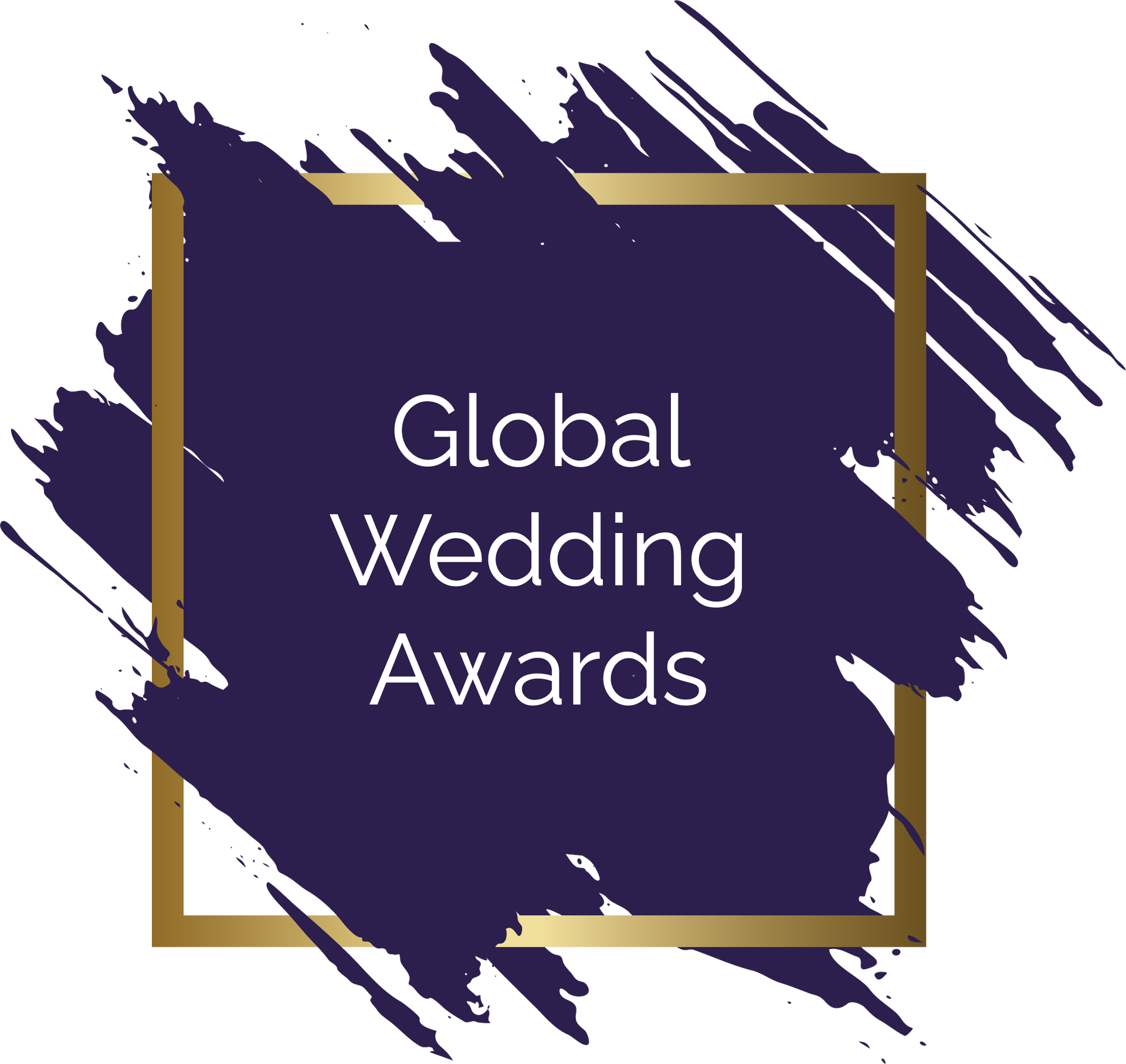 Logo dei Global Wedding Awards: testo bianco su una pennellata blu scuro all'interno di un quadrato dorato.