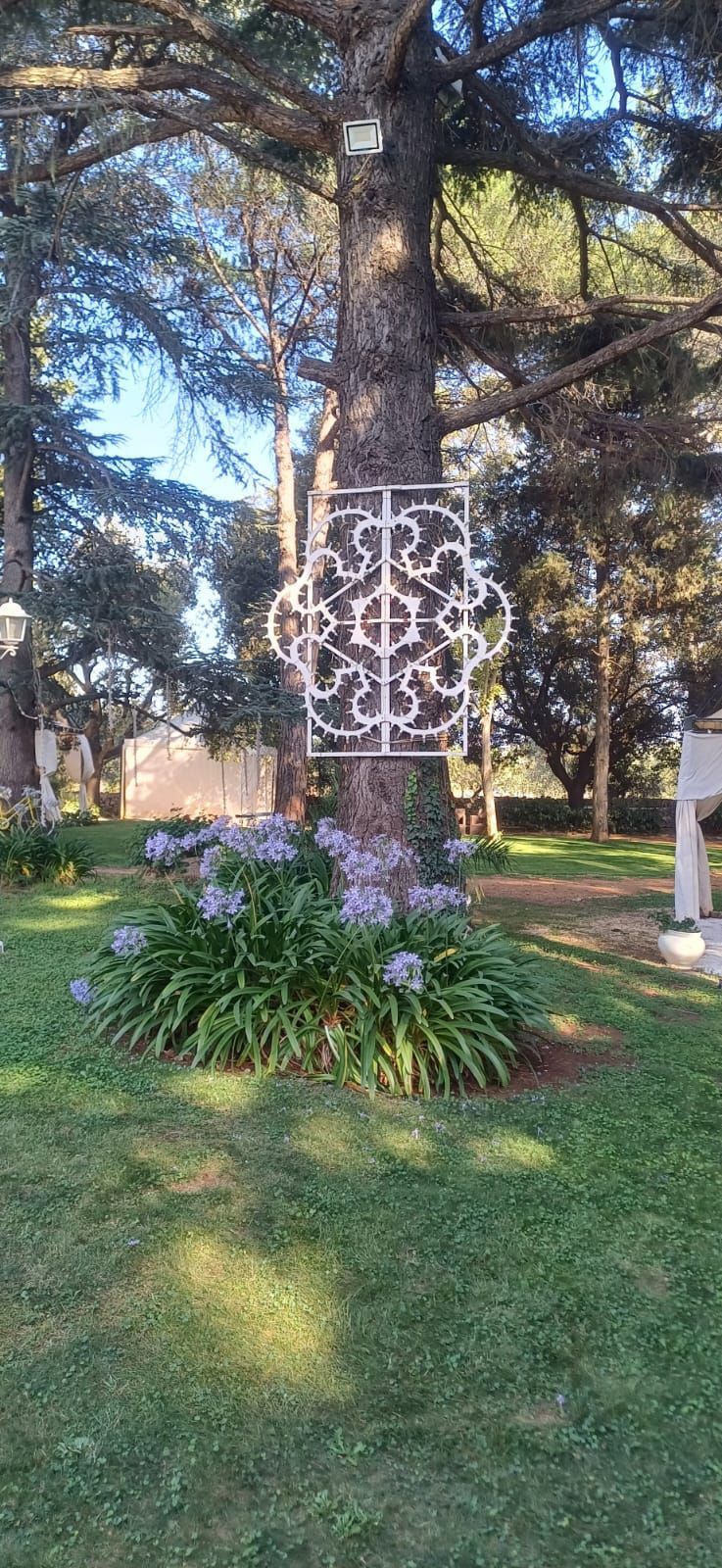 Una struttura metallica decorata è fissata a un albero, con fiori viola ed erba verde sotto.