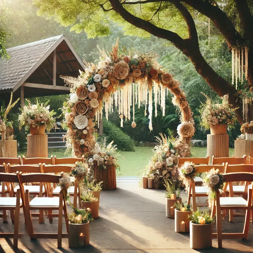 Arco nuziale decorato con fiori, sedie disposte all'aperto.