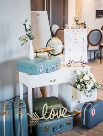 Composizione per matrimonio con valigie blu, fiori, mappamondo e cartello con la scritta