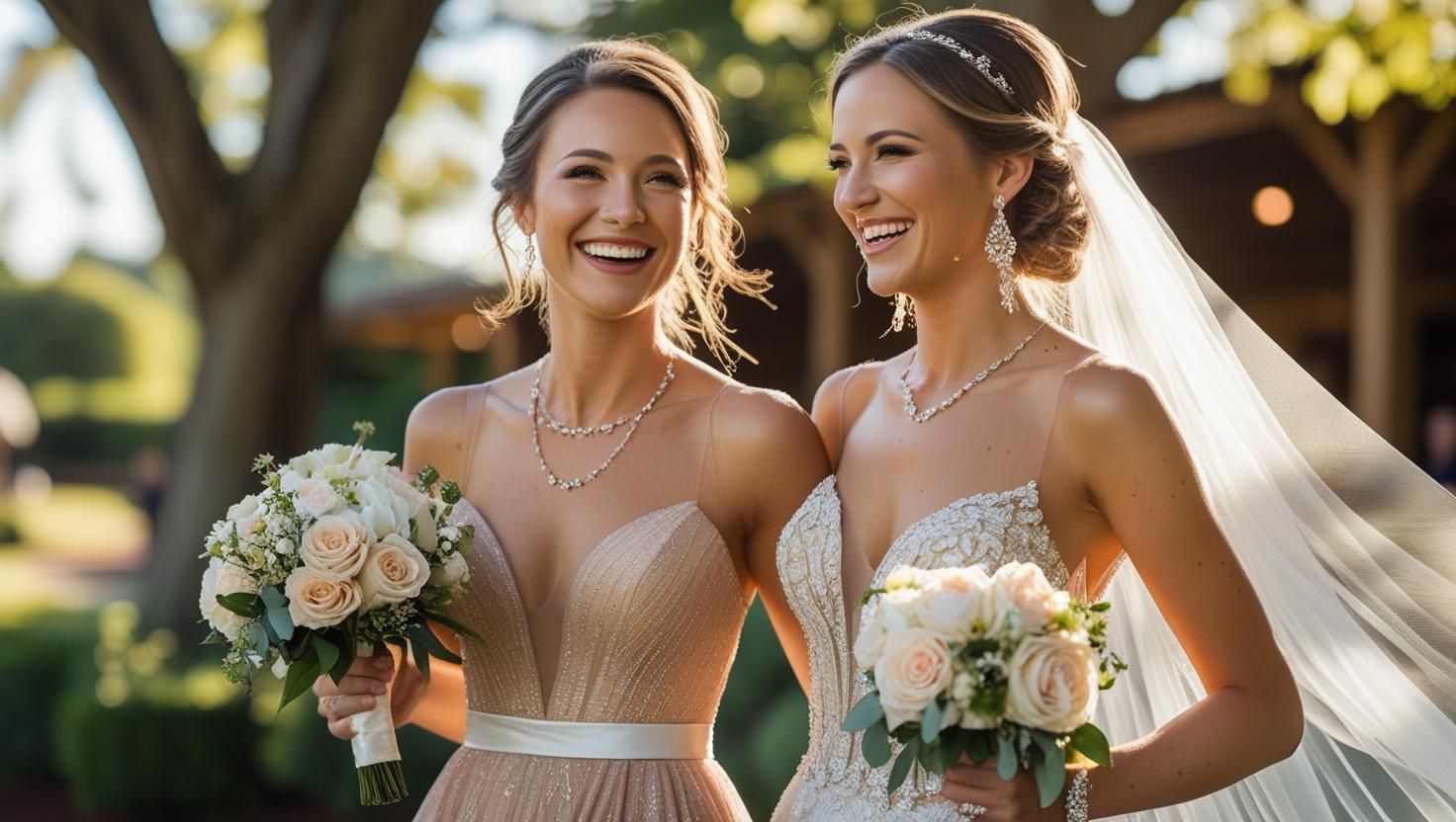 Due donne sorridenti in abiti formali, con in mano dei bouquet all'aperto. Una indossa un velo.