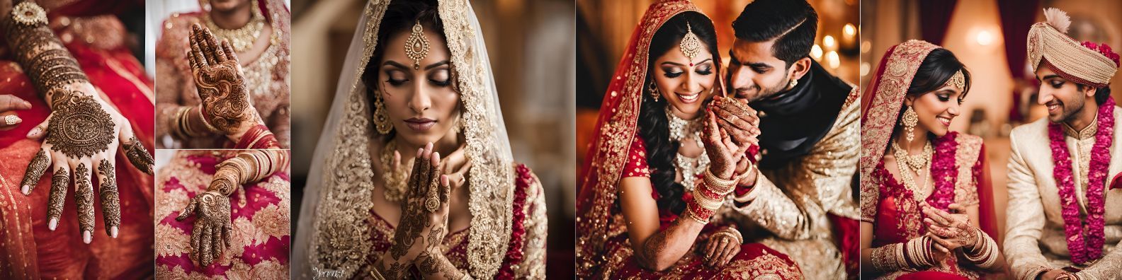 Foto di matrimoni indiani: mano tatuata all'henné, sposa che prega, coppia che si tiene per mano, sposa e sposo che sorridono.