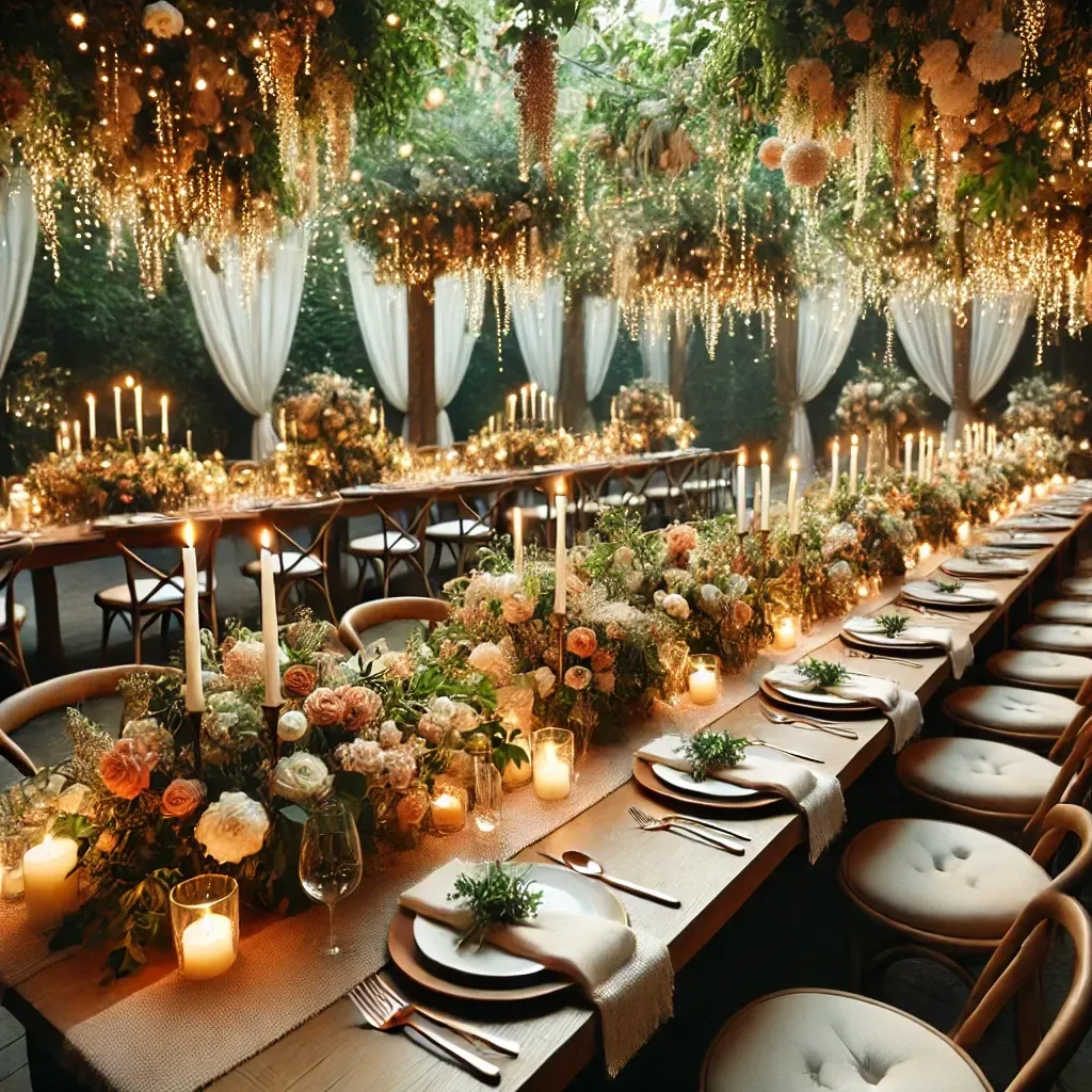 Lungo tavolo da banchetto apparecchiato per un matrimonio; centrotavola floreali, candele e luci a filo.