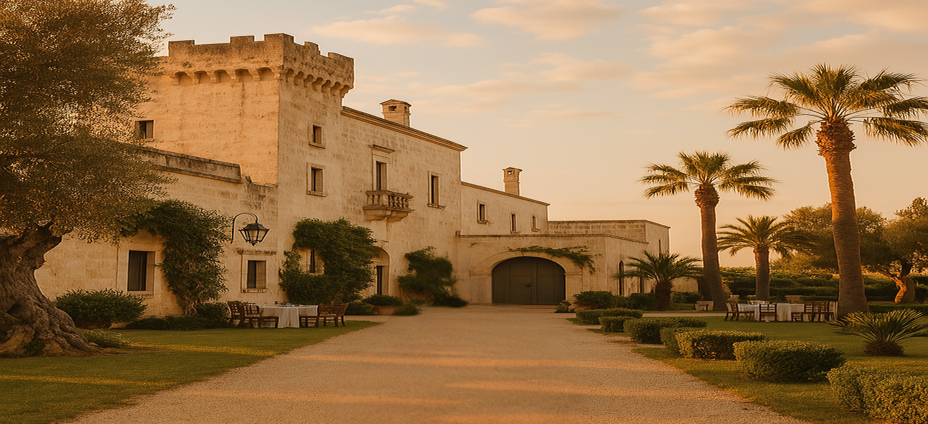 Un castello di pietra con una torre, palme e un lungo sentiero. Il cielo ha una calda tonalità dorata.