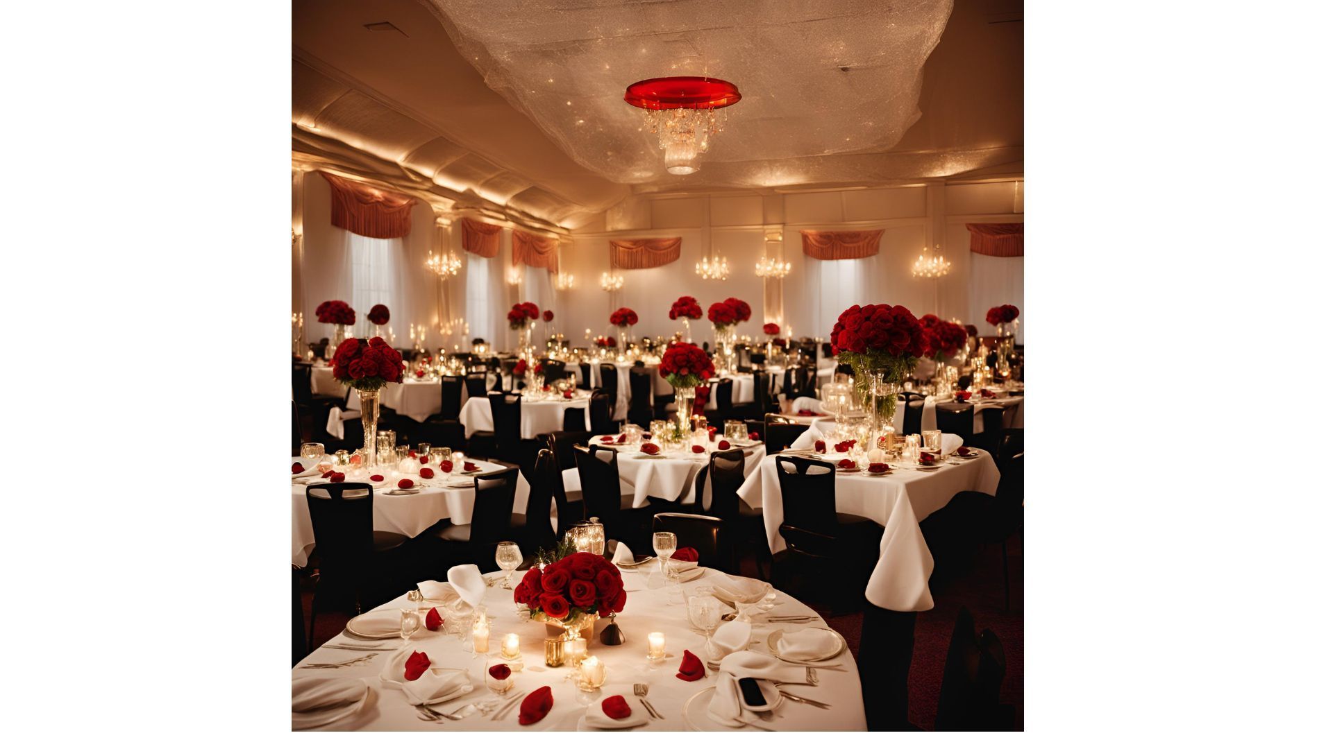 Elegante sala da ballo allestita per un evento con centrotavola di rose rosse su tovaglie bianche, candele e un grande lampadario.