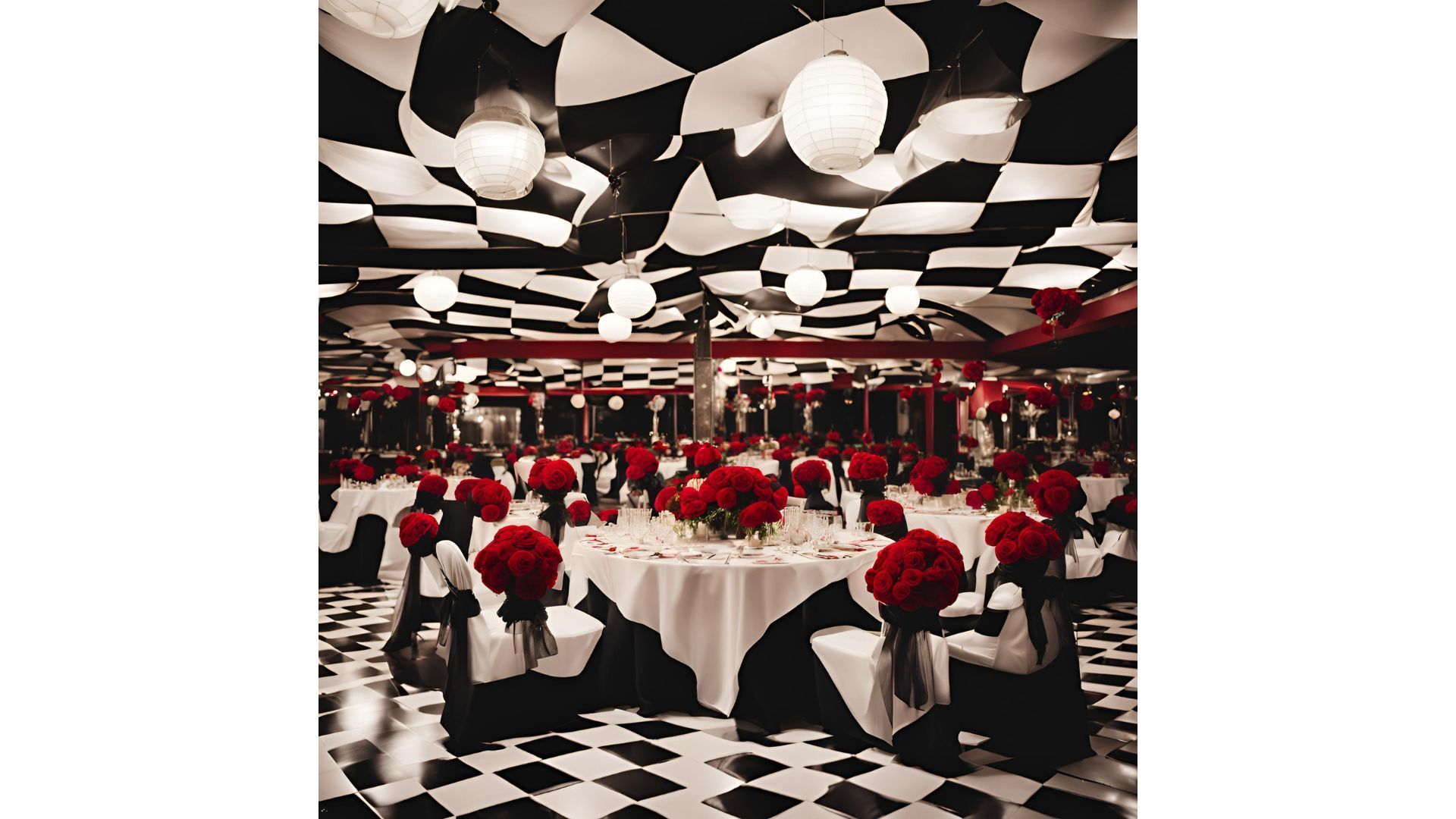 Sala a scacchi bianchi e neri con tavoli apparecchiati per un evento formale. Rose rosse e lanterne appese decorano l'ambiente.